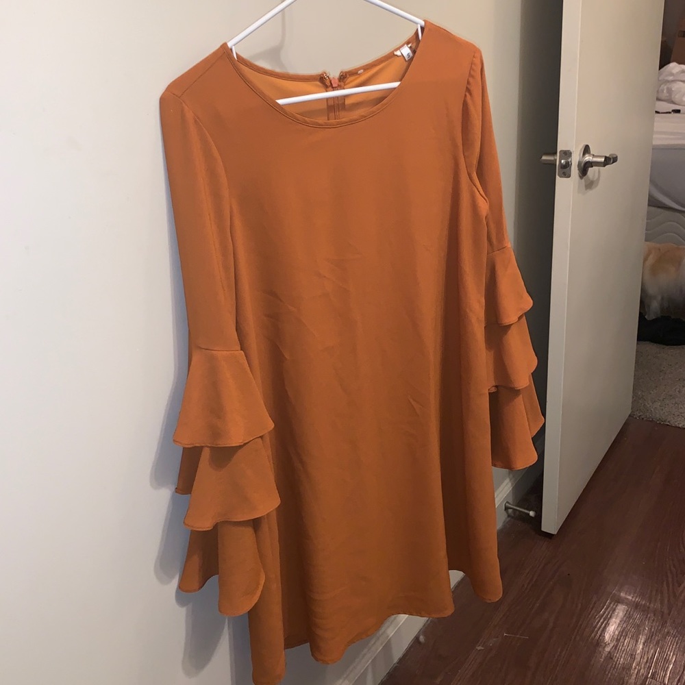 Burnt orange dress with ruffle sleeves